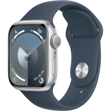 Apple Watch Series 9 (GPS) 41mm Aluminum Case (silver) with Sport Band (storm blue) - M/L (MR913)