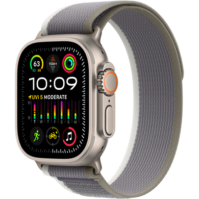 Apple Watch Ultra (2 Gen, 2023) (GPS+Cellular) 49mm Titanium Case (natural) with Trail Loop (green/gray) - S/M (MRF33UL/A)