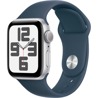 Apple Watch SE (2 Gen, 2022) (GPS) 40mm Aluminum Case (silver) with Sport Band (storm blue) - S/M (MRE13QP/A)