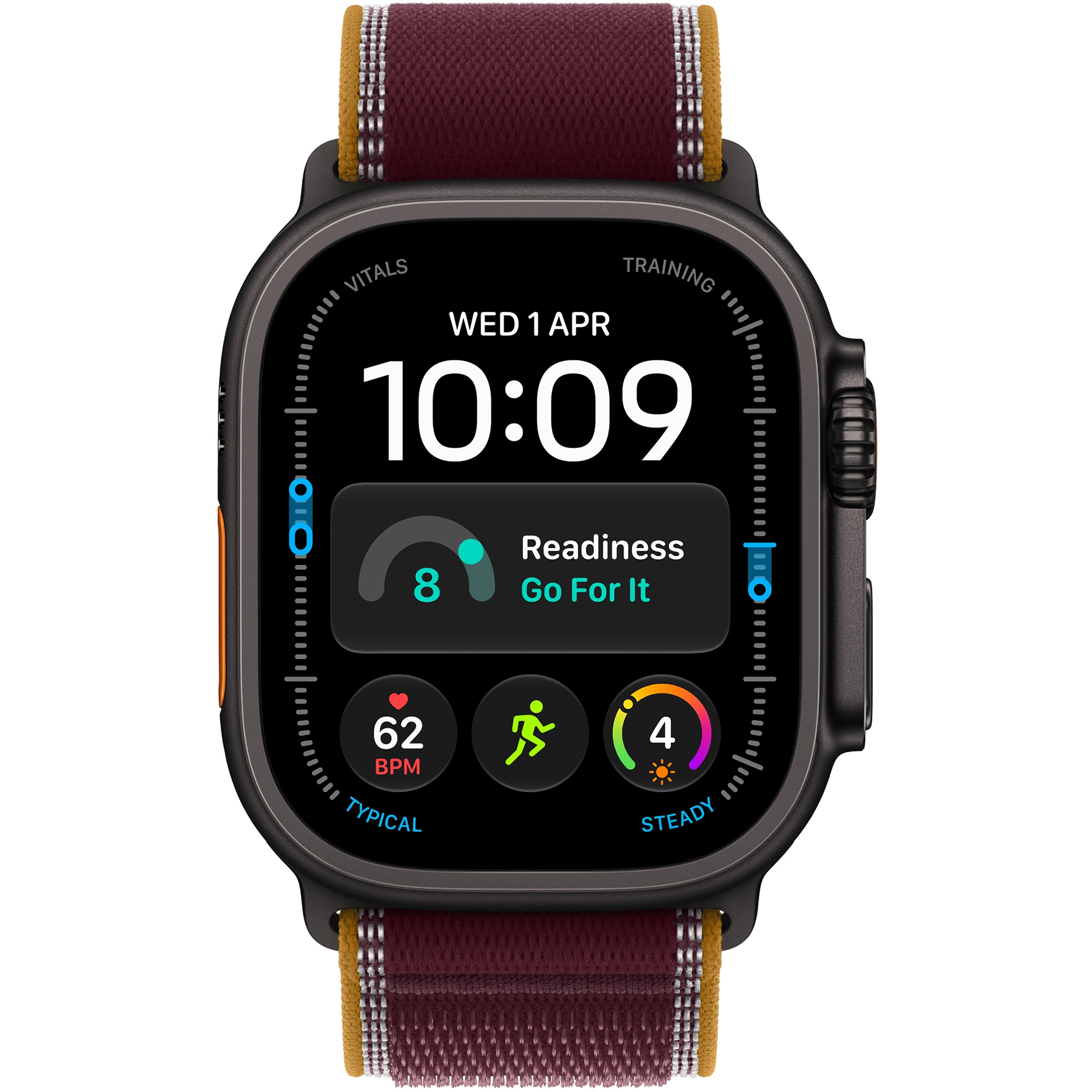 Apple Watch Ultra (4 Gen, 2026) (GPS+Cellular) 49mm Titanium Case (black) with Trail Loop (burgundy) - M/L, 145-220mm (MJC44QI/A)