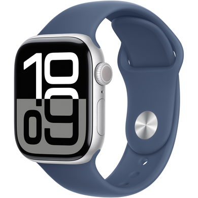 Apple Watch Series 10 (GPS) 42mm Aluminum Case (silver) with Sport Band (denim) - S/M (MWWA3)