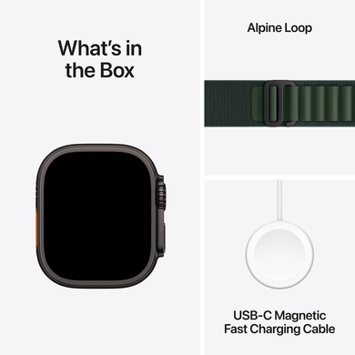 Apple Watch Ultra (2 Gen, 2024) (GPS+Cellular) 49mm Titanium Case (black) with Alpine Loop (dark green) - S (MX4Q3)